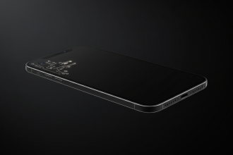 A sleek futuristic Apple iPhone 18 Pro floating on a dark gradient background, edge-to-edge OLED display perfectly unint