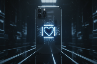 Ultra-detailed cinematic render of an iPhone 18 resting upright on a dark reflective surface, its familiar sleek aluminu
