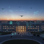 Pentagon building with subtle AI interface visuals, data streams and defense technology atmosphere, editorial news style
