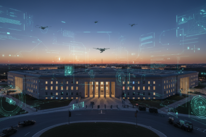 Pentagon building with subtle AI interface visuals, data streams and defense technology atmosphere, editorial news style
