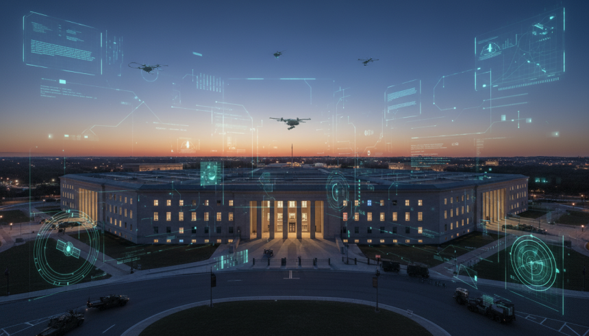 Pentagon building with subtle AI interface visuals, data streams and defense technology atmosphere, editorial news style