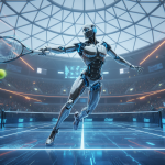 Illustration éditoriale réaliste d’un robot humanoïde moderne jouant au tennis sur un court indoor, en pleine action ave