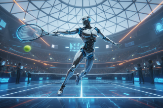 Illustration éditoriale réaliste d’un robot humanoïde moderne jouant au tennis sur un court indoor, en pleine action ave