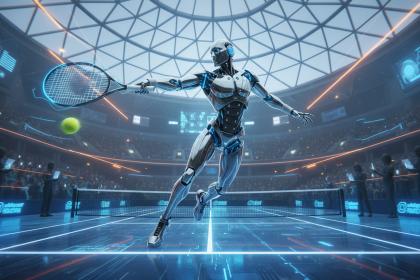 Illustration éditoriale réaliste d’un robot humanoïde moderne jouant au tennis sur un court indoor, en pleine action ave