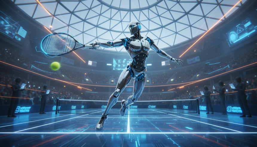 Illustration éditoriale réaliste d’un robot humanoïde moderne jouant au tennis sur un court indoor, en pleine action ave