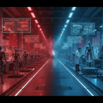 Futuristic split-scene factory floor showing a sleek humanoid robot assembly line in Shenzhen glowing red with Chinese f