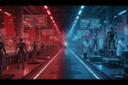 Futuristic split-scene factory floor showing a sleek humanoid robot assembly line in Shenzhen glowing red with Chinese f