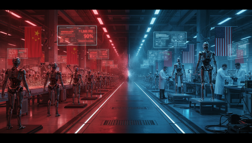 Futuristic split-scene factory floor showing a sleek humanoid robot assembly line in Shenzhen glowing red with Chinese f