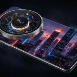 Futuristic close-up of a Samsung Galaxy S27 Ultra floating against a dark cosmic backdrop, its massive 200MP camera modu