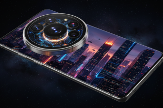 Futuristic close-up of a Samsung Galaxy S27 Ultra floating against a dark cosmic backdrop, its massive 200MP camera modu