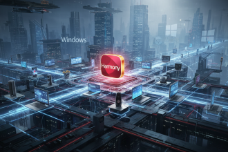 Futuristic tech illustration of a glowing red-and-gold HarmonyOS logo at the center of a vast digital ecosystem, radiati
