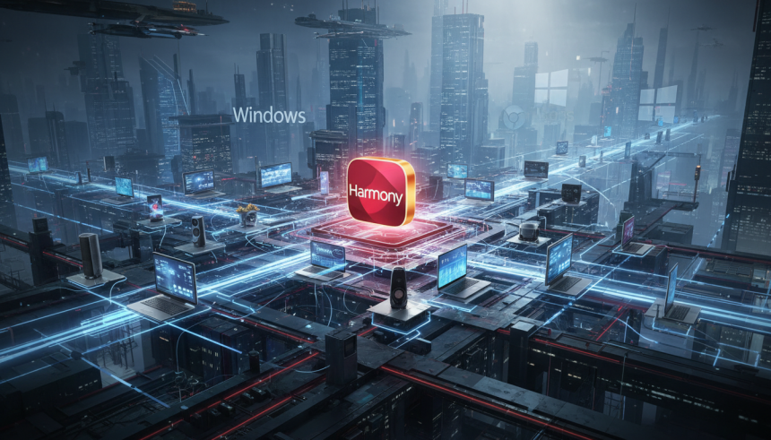 Futuristic tech illustration of a glowing red-and-gold HarmonyOS logo at the center of a vast digital ecosystem, radiati