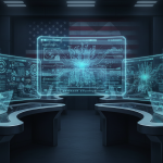 Illustration éditoriale réaliste et moderne sur l’intelligence artificielle dans les réseaux sensibles de l’État : inter