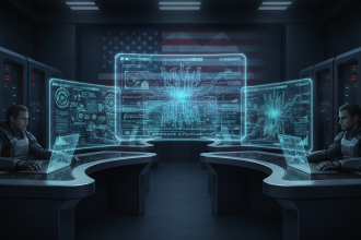 Illustration éditoriale réaliste et moderne sur l’intelligence artificielle dans les réseaux sensibles de l’État : inter