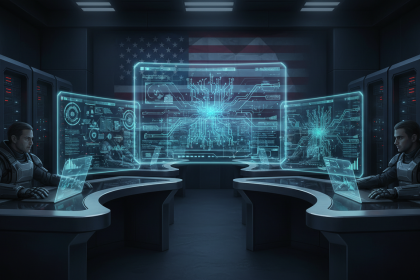 Illustration éditoriale réaliste et moderne sur l’intelligence artificielle dans les réseaux sensibles de l’État : inter