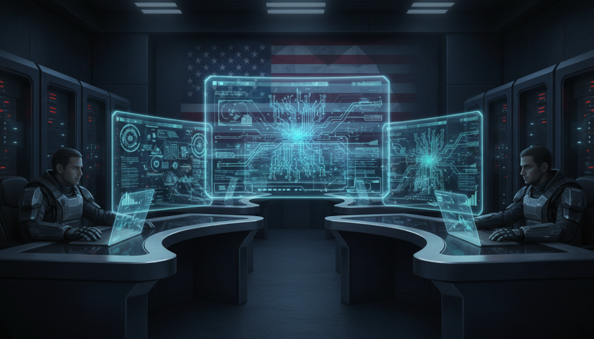 Illustration éditoriale réaliste et moderne sur l’intelligence artificielle dans les réseaux sensibles de l’État : inter