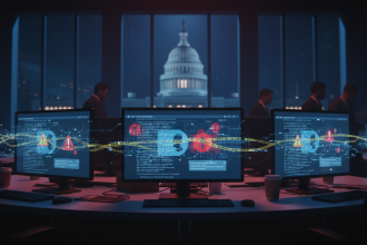A dramatic newsroom-style scene showing a glowing AI chatbot interface on multiple computer screens displaying blurred w