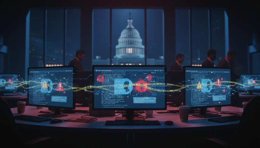 A dramatic newsroom-style scene showing a glowing AI chatbot interface on multiple computer screens displaying blurred w