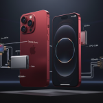 Ultra-realistic product showcase of the iPhone 18 Pro and Pro Max দাঁ in a dark studio, featuring a deep metallic red fi