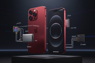 Ultra-realistic product showcase of the iPhone 18 Pro and Pro Max দাঁ in a dark studio, featuring a deep metallic red fi