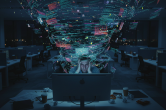 A hyper-realistic office scene at night: an exhausted office worker sits slumped at a glowing desk surrounded by multipl