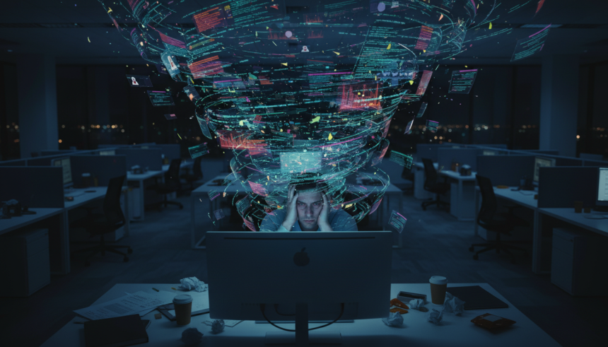 A hyper-realistic office scene at night: an exhausted office worker sits slumped at a glowing desk surrounded by multipl