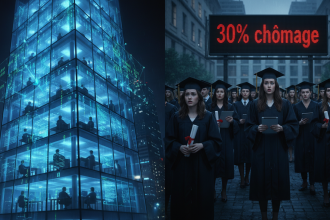 Split-screen cinematic illustration: on the left, a gleaming glass AI research tower glowing blue at night, packed with
