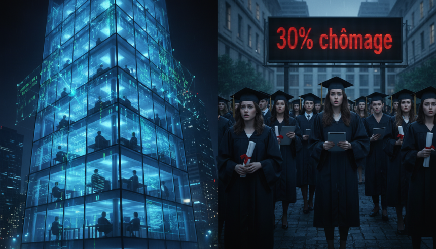 Split-screen cinematic illustration: on the left, a gleaming glass AI research tower glowing blue at night, packed with