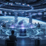 A futuristic digital newsroom orbiting the Earth like a satellite, glowing AI neural networks and holographic search int
