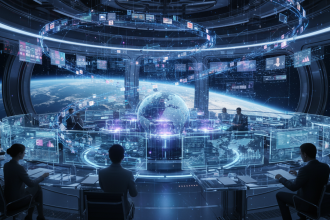 A futuristic digital newsroom orbiting the Earth like a satellite, glowing AI neural networks and holographic search int