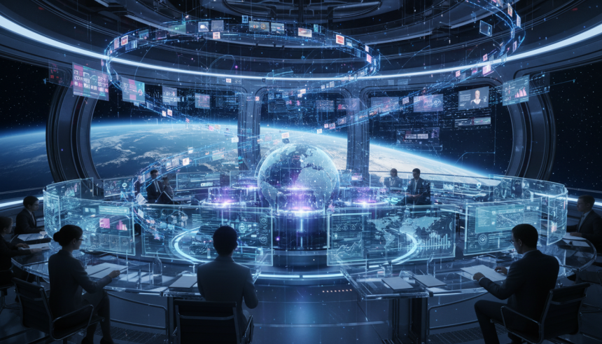 A futuristic digital newsroom orbiting the Earth like a satellite, glowing AI neural networks and holographic search int