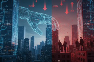 A dramatic split-scene illustration of the American workforce being consumed by artificial intelligence: on one side, to