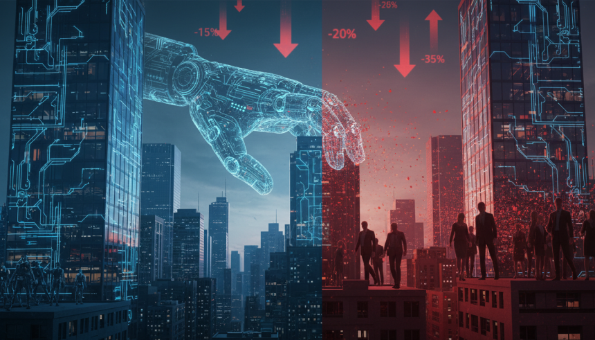 A dramatic split-scene illustration of the American workforce being consumed by artificial intelligence: on one side, to