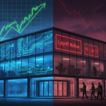 A dramatic split-scene illustration of a sleek Silicon Valley glass headquarters at dusk, half of the building glowing w
