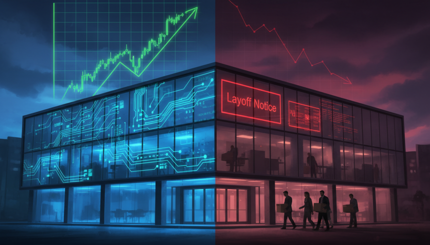 A dramatic split-scene illustration of a sleek Silicon Valley glass headquarters at dusk, half of the building glowing w