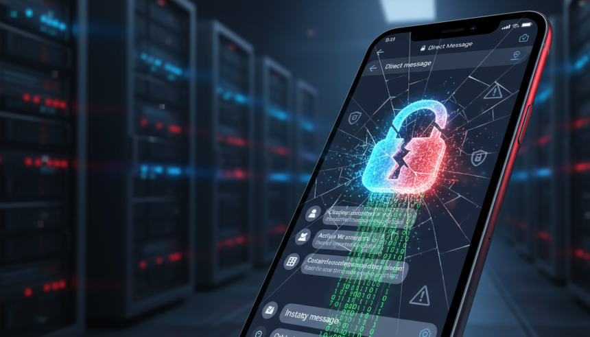 A dramatic digital illustration of a cracked smartphone screen displaying the Instagram DM interface, with a glowing bro