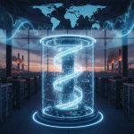 A dramatic futuristic scene of a glowing AI supercomputer core radiating blue-white light inside a विशाल अमेरिकी data ce