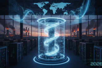 A dramatic futuristic scene of a glowing AI supercomputer core radiating blue-white light inside a विशाल अमेरिकी data ce