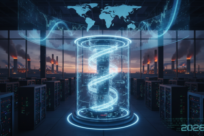 A dramatic futuristic scene of a glowing AI supercomputer core radiating blue-white light inside a विशाल अमेरिकी data ce