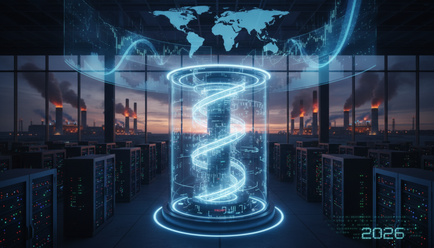 A dramatic futuristic scene of a glowing AI supercomputer core radiating blue-white light inside a विशाल अमेरिकी data ce