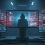 A dark high-tech control room with glowing computer screens displaying lines of stolen data, French Ministry of Educatio