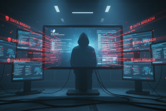 A dark high-tech control room with glowing computer screens displaying lines of stolen data, French Ministry of Educatio