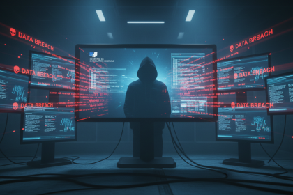 A dark high-tech control room with glowing computer screens displaying lines of stolen data, French Ministry of Educatio