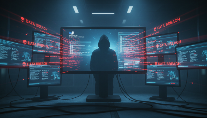 A dark high-tech control room with glowing computer screens displaying lines of stolen data, French Ministry of Educatio