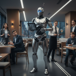A realistic editorial-style scene of a humanoid robot in a modern restaurant public space, drawing attention from surpri