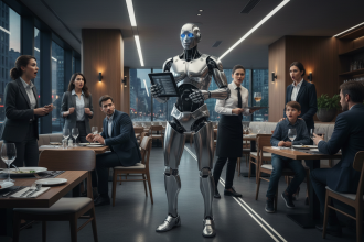 A realistic editorial-style scene of a humanoid robot in a modern restaurant public space, drawing attention from surpri