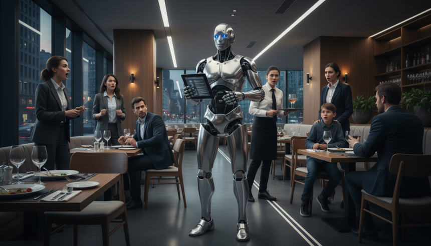 A realistic editorial-style scene of a humanoid robot in a modern restaurant public space, drawing attention from surpri