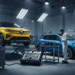 Wide-angle photo of a bright yellow Renault 5 E‑Tech and a modern blue Renault 4 E‑Tech parked inside a clean, high-tech