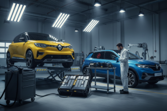 Wide-angle photo of a bright yellow Renault 5 E‑Tech and a modern blue Renault 4 E‑Tech parked inside a clean, high-tech