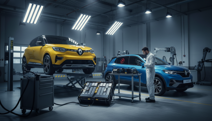 Wide-angle photo of a bright yellow Renault 5 E‑Tech and a modern blue Renault 4 E‑Tech parked inside a clean, high-tech